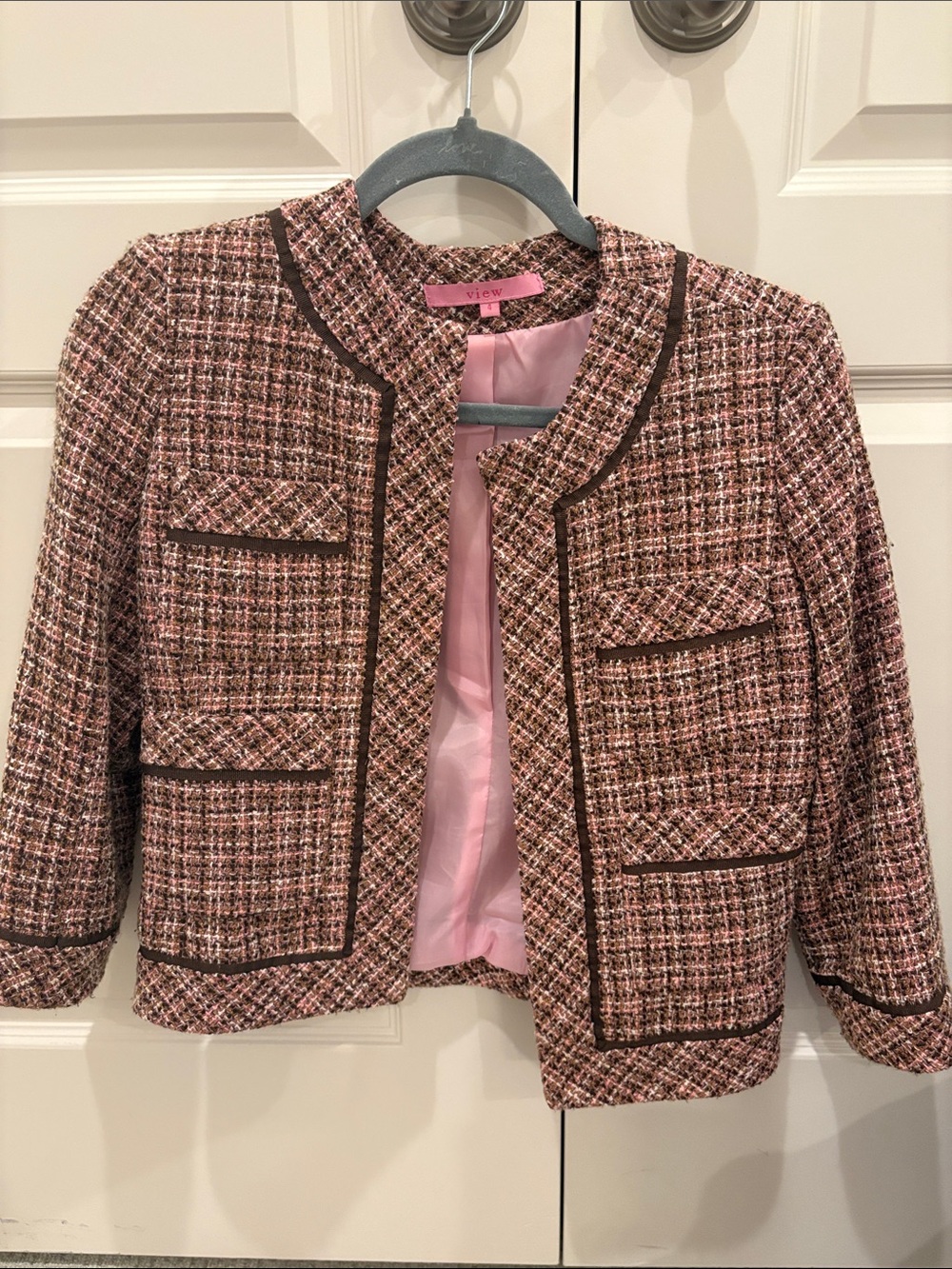 View Pink Tweed Girls' Jacket with Dark Trim